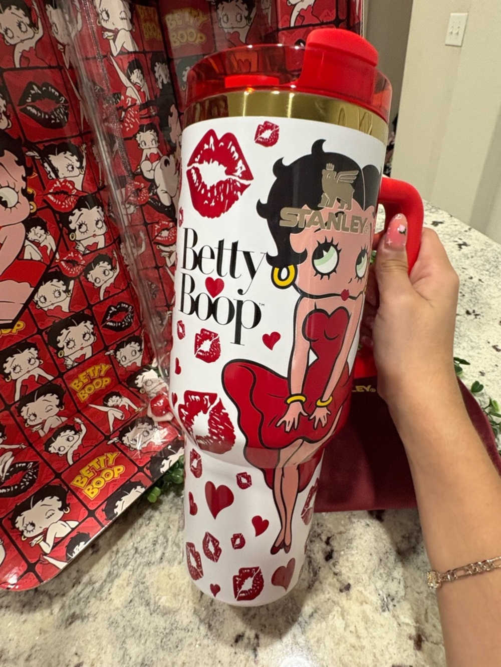 Customized Stanley Red and White Betty Boop Travel Mug with Red Handle - Picture 3 of 4